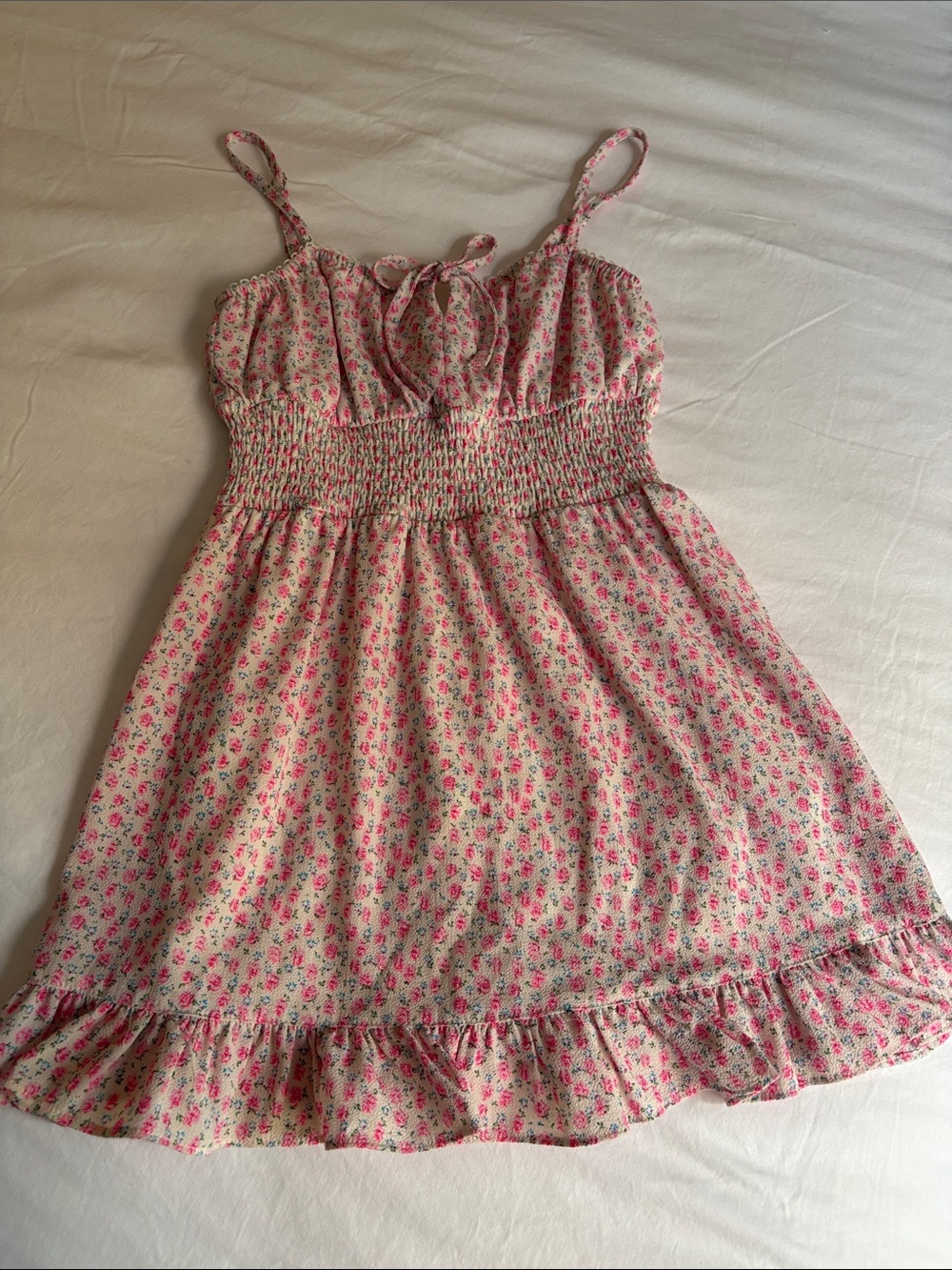 Katie J NYC Cream Dress with Pink Floral Smocked Waist